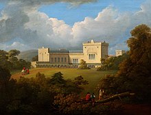 A painting focusing on a large, white mansion. A green field and blue sky is also present.