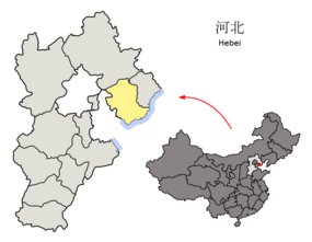 Tangshans beliggenhed i Hebei, Kina.