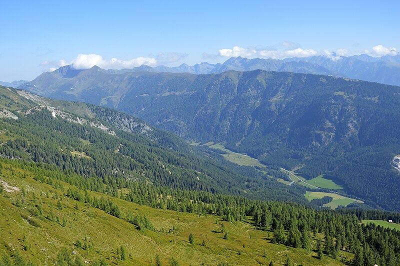 File:Looking down from Grosseck towards the Taurach Valley near Tweng, Mauterndorf, 2023.jpg