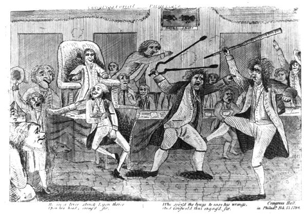 A political cartoon of the Lyon-Griswold brawl.