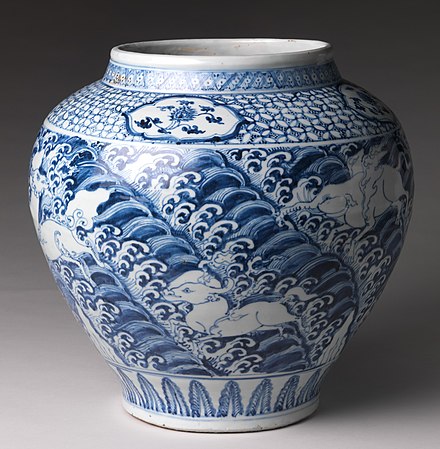 Porcelain Jar with cobalt blue under a transparent glaze, Jingdezhen porcelain, mid-15th century.