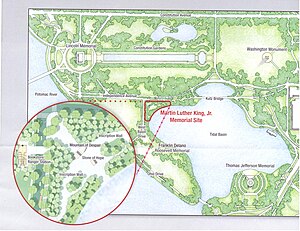 Memorial site, shown in relation to areas including the National Mall, West Potomac Park, and the Tidal Basin