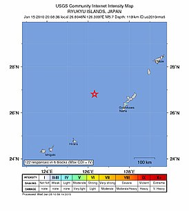 Maanjäristyksen keskus lähellä Ryukyu-saaria 15. tammikuuta 2010 (USGS-kuva)