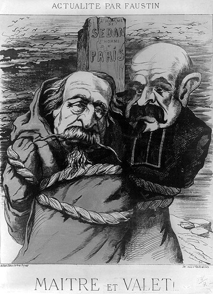 1871 caricature showing Napoleon III dressed as a monk and Louis Jules Trochu dressed as a member of the clergy, tied to a post labeled "L'homme de Se