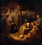 Workshop of Rembrandt. Adoration of the Magi . 17th century date QS:P,+1650-00-00T00:00:00Z/7 . oil on canvas medium QS:P186,Q296955;P186,Q12321255,P518,Q861259 . 71 × 65.8 cm (27.9 × 25.9 in). Saint Petersburg, Hermitage Museum.