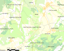 Vereinfachte Farbkarte mit den Grenzen der Gemeinde, Nachbargemeinden, Vegetationszonen und Straßen