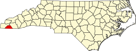 Locatie van Clay County in North Carolina