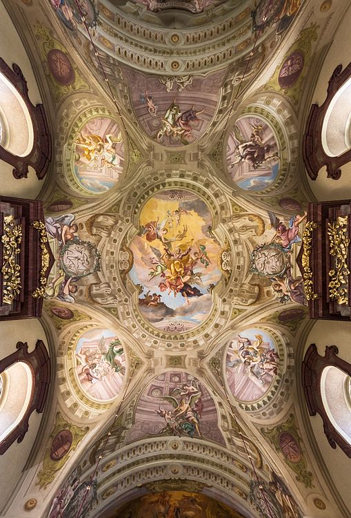 圖為瑪麗亞塔費爾宗座聖殿（下奧地利）的中殿天頂濕壁畫——《聖若瑟得榮耀》。