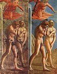 Adam och Eva av Masaccio, (1427), före och efter restaurering 1980.