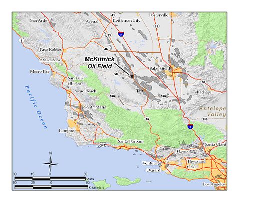 The McKittrick Oil Field in Kern County, California. Other oil fields are shown in gray. McKittrickOilField.jpg