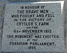 Engraving found on a monument erected in memory of the battle near Upper Canada Village. Memorial, Battle of Crysler's Farm, engraving.jpg