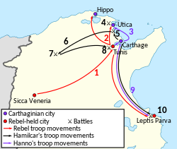 A map showing the major movements of both sides during the Mercenary War