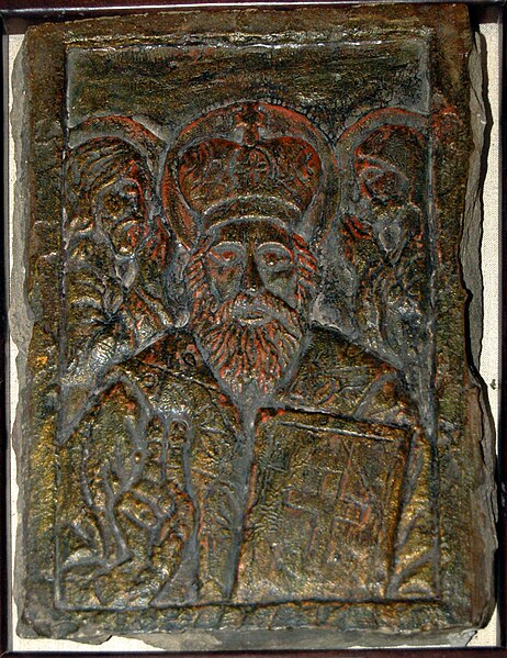 The icon of St Nicolas carved in stone (between c. 12 and 15th centuries), at the Radomysl Castle, in Ukraine.