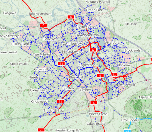 Red de carriles bici en Milton Keynes. Las rutas NCR 6 y 51 están resaltadas en rojo. En 1970, en el Reino Unido, la Milton Keynes Development Corporation elaboró el "Plan director para Milton Keynes".[3]​