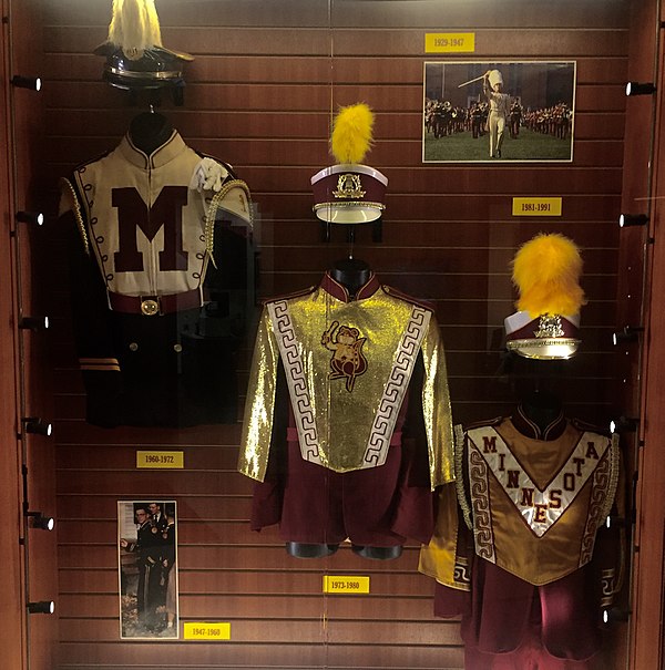 Former uniforms worn by the Pride of Minnesota. From left to right: 1960-1972, 1973-1980, 1981-1991.