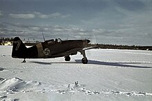 Finnish Morane-Saulnier M.S.406 departing for patrol during the Continuation War at Viitana, Karelia, 17 March 1942. Morane-Saulnier M.S.406 lahtemassa partiolennolle, Aanislinna, Viitana 17.3.1942.jpg