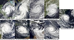 Taken by various of satellites throughout the modern era, these are the most intense tropical cyclones in each basin. Out of all these tropical cyclones, Typhoon Tip had the lowest atmospheric pressure measured in a tropical cyclone, at 870 mbar (25.69 inHg). It is the third image in the first row. Most Intense Tropical Cyclones.jpg