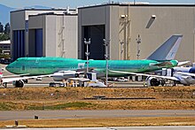 One of the two 747-8I aircraft that will be converted into the VC-25B, seen in July 2015 shortly after construction. N894BA.jpg