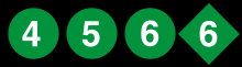 Logos (lettrage blanc sur fond vert) des lignes 4, 5 et 6 (fond en forme de disque et de la ligne 6-express (font en losange).