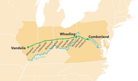 Map showing the route of the National Road at its greatest completion in 1839, with historical state boundaries National road map.png