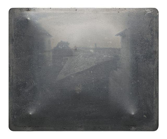 The earliest saved photographic image (Heliograph on pewter plate) from 1826 or 1827 by Joseph Nicéphore Niépce, taken at Le Gras, France.