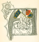 A depiction originally from ca. 1370 of a Nordic king holding the flags of Denmark, Norway, and Sweden. Nordisk konge til hest i Ernst von Kirchbergs Mecklenburgske Rimkronike.png