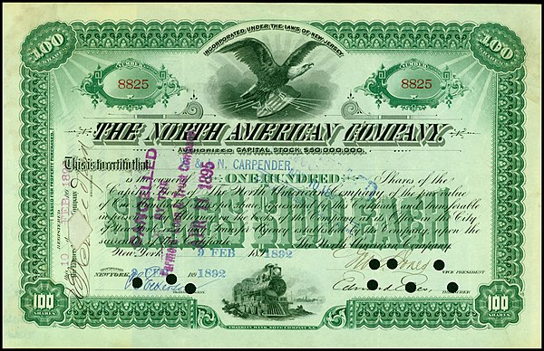 Share of the North American Company, issued on February 9, 1892