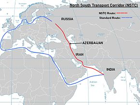 जमीन और समुद्री मार्गों के लिए तैयार लाइनों के साथ अंतर्राष्ट्रीय उत्तर दक्षिण परिवहन गलियारा का मानचित्र