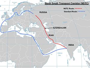 Karta över NSTC med dragna linjer för land- och sjöfartsvägar