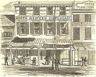Northwestern Dispensary, (Incorporated 1852). Ninth Avenue, corner Thirty-sixth Street, Manhattan Northwestern Dispensary, New York City, Valentine's Manual (nlm) (cropped).jpg