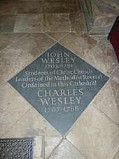 Memorial to John Wesley and Charles Wesley, leaders of the Methodist revival in Christ Church Cathedral, Oxford, where they were ordained while they were Anglicans Oxford's Christ Church Cathedral, floor memorial (d) - geograph.org.uk - 2352762.jpg