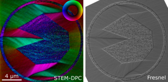 Two Lorentz microscopy techniques, STEM-DPC and Fresnel imaging, showing complementary information about magnetic domain structure surrounding a Pacman milled shape in a permalloy thin film. Pacman DPC Fresnel.png