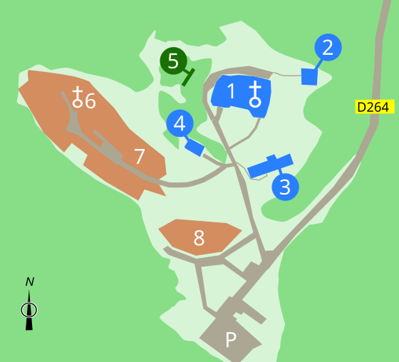 Plan du site et de ses evolutions

Le Corbusier (1955)
(1) : Notre-Dame-du-Haut chapel ;
(2) : pyramid of peace ;
(3) : pilgrim shelters ;
(4) : chaplain's house ;

Jean Prouve (1975)
(5) : campanile ;

Renzo Piano (2011)
(6) : Sainte-Claire chapel (oratory of the convent) ;
(7) : Sainte-Claire convent ;
(8) : gatehouse (reception, exhibition room).. Plan chapelle Notre-Dame-du-Haut.svg