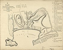 Un plan du siège en anglais dressé au XIXe siècle avec les positions des belligérants.