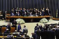 Vista da mesa da presdência no Plenário Ulysses Guimarães da Câmara dos Deputados em 2021.