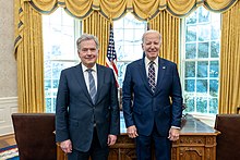 Finnish President Sauli Niinisto with US President Joe Biden in Washington, D.C., United States on 9 March 2023 President Joe Biden stands next to President Sauli Niinisto in the Oval Office.jpg