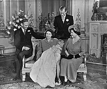 Christening of Charles (centre, wearing the royal christening gown) in 1948: (from left to right) his grandfather King George VI; his mother, Princess Elizabeth, holding him, his father, Philip; and his grandmother Queen Elizabeth Prince Charles Christening Family Portrait.jpg