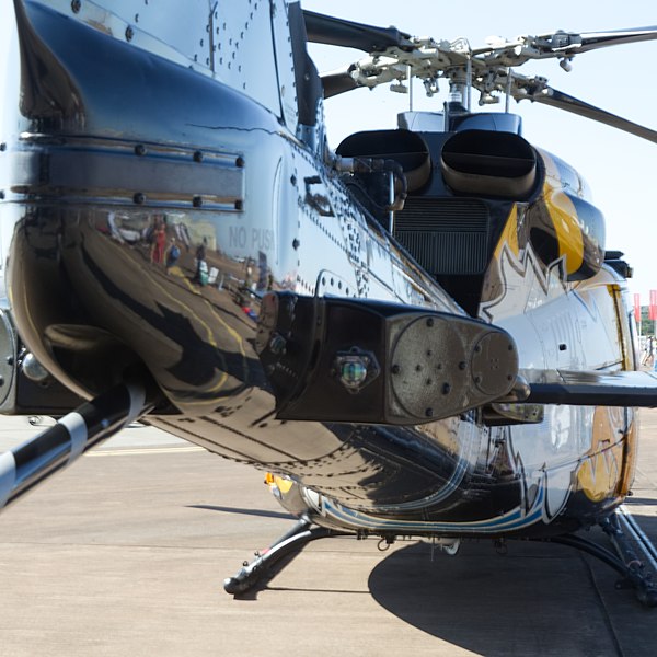 Bell 412CF looking forward from the tail, showing its twin turbine endinge exhausts