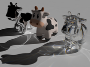 3D rendered image showing three copies of a cartoon cow. The one on the left has a mirror surface, and the one on the right uses a transparent glass material. The base surface is illuminated by finely detailed bright spots and lines ("caustics") caused by light being focused by the reflective and transparent cows. The caustics are colorful in some places, due to chromatic dispersion.