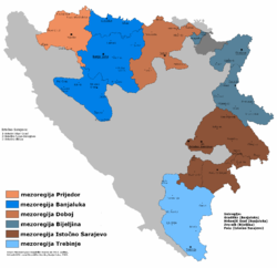Herzegovina de Est în albastru deschis, în Republica Srpska și Bosnia și Herțegovina