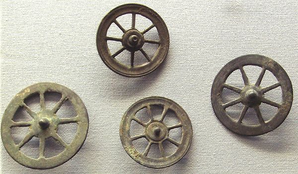 Votive Celtic wheels thought to correspond to the cult of Taranis. Thousands of such wheels have been found in sanctuaries in Gallia Belgica, dating f