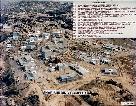 A number of specialized facilities were constructed to support SNAP reactor testing and development at ETEC, in Area IV of the Santa Susana Field Laboratory (SSFL), in the Simi Hills. SSFL SNAP Building Complex 6Jan64.jpg