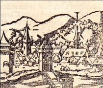Einzige bekannte Ansicht vor dem Zweiten Stadtverderben. Cosmographia von S. Münster 1550