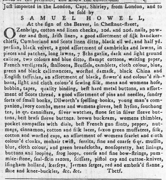 File:Samuel Howell's adertisement Pennsylvania Gazette 10-11-1753.jpg