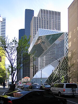 Seattle Central Library by architect Rem Koolhaas, view from 5th Ave.