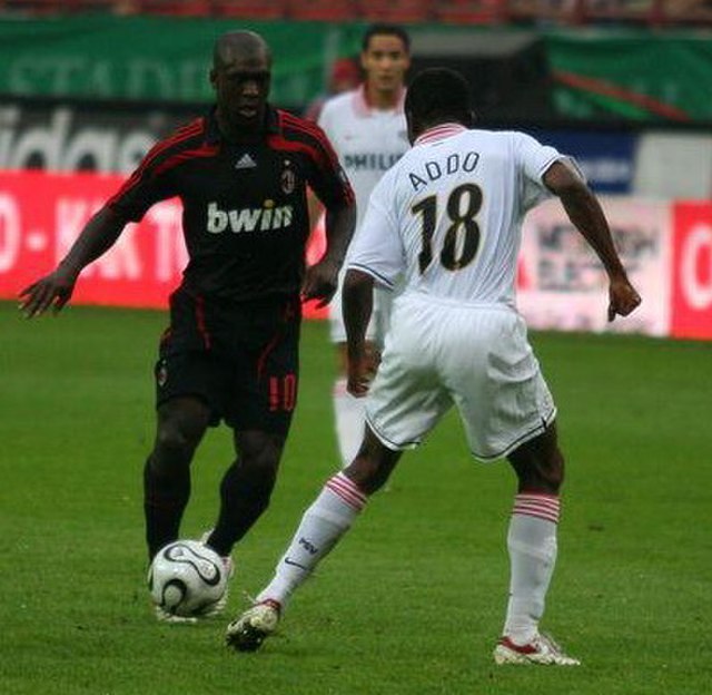 Clarence Seedorf in action for AC Milan against Eric Addo of PSV in a friendly game on 3 August 2007 at the Lokomotiv Stadium, Moscow.