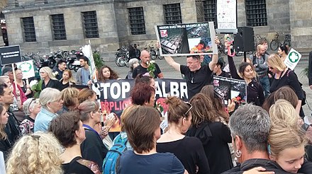 Hundreds of protesters held a vigil on Dam Square on 24 August 2017 to remember dead animals and protest cruelty against animals with texts such as "Stop barn fires. Mandate alarms and sprinklers in all barns" and "Consider your purchases carefully".[54][55]
