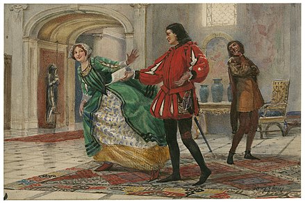 Early 20th-century Henry James Haley illustration of act 2, scene 1 (Silvia refusing Valentine's letter)