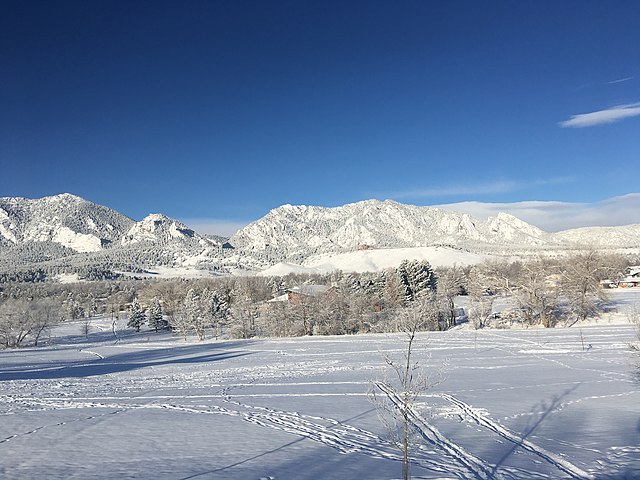 View of the Boulder Flatirons from Fairview High School. February 7, 2019.