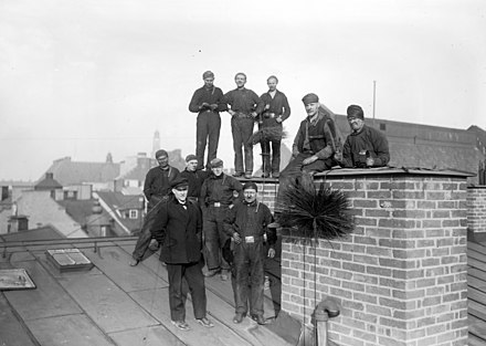 Chimney sweepers on a roof in Stockholm in the early 20th century.